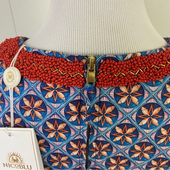 NicoBlu Coralie Sheath Dress Beaded Neckline Size 10 Shell Print Blue NEW $298 - Picture 8 of 16